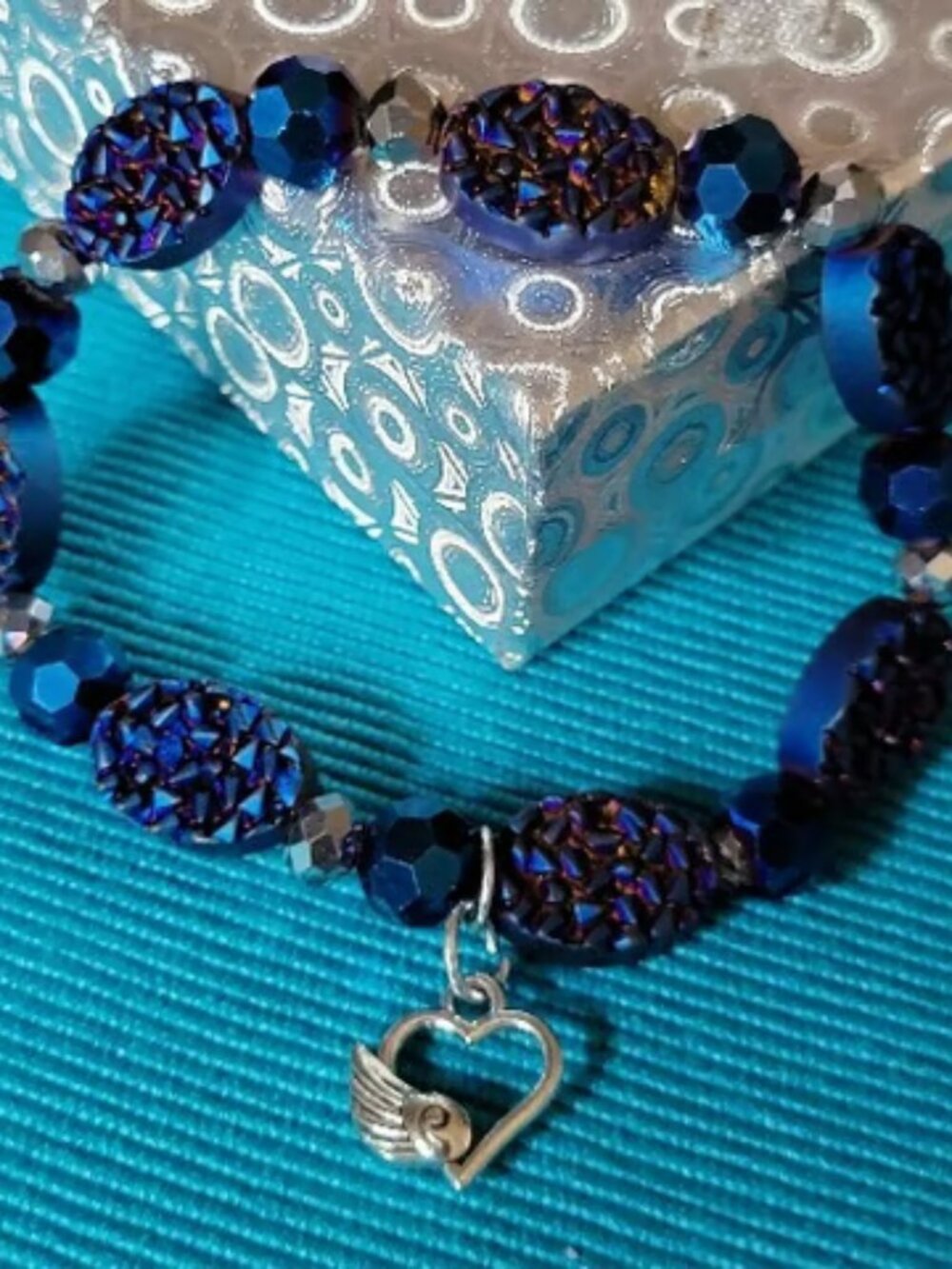 Blue Gold Turquoise Beaded Bracelet with Charms